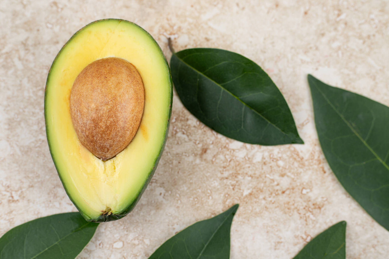 Sliced fresh delicious avocado on marble background